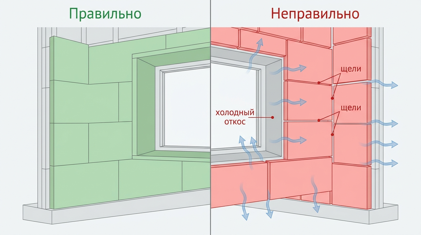 Сравнение правильного и неправильного монтажа утеплителя на фасаде