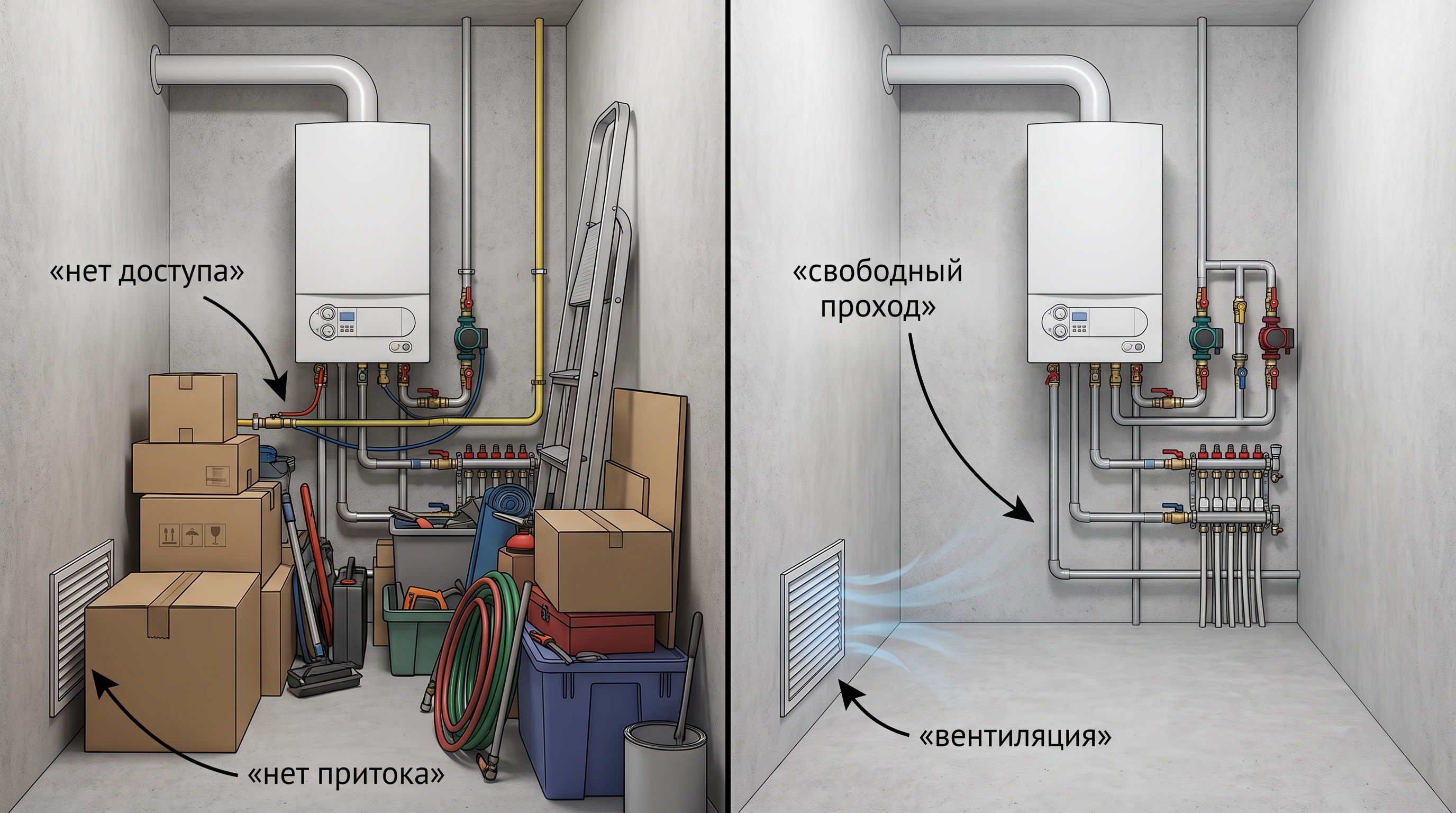 Типовые ошибки планировки котельной: нет притока, тесная обвязка, закрыт доступ к оборудованию