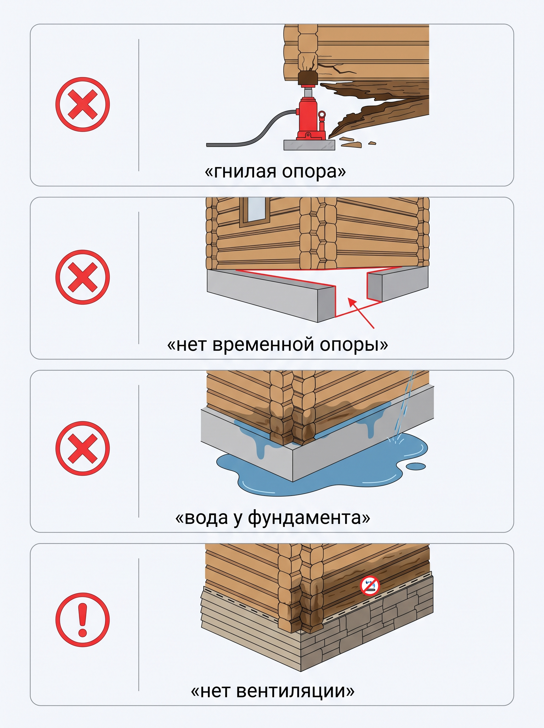 Чек-лист типичных ошибок при замене нижних венцов деревянного дома