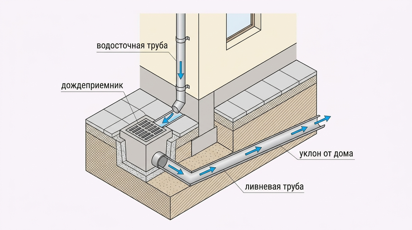 Схема отвода воды из водосточной трубы в дождеприёмник от фундамента