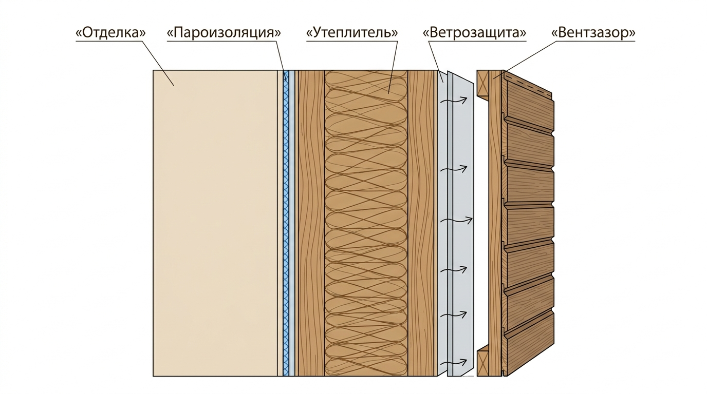 Схема пирога каркасной стены с утеплителем, пароизоляцией, ветрозащитой и вентзазором