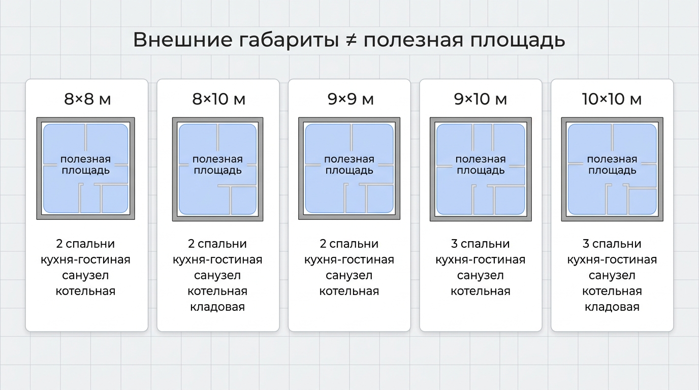 Матрица популярных габаритов одноэтажных домов до 100 м² с вариантами планировок