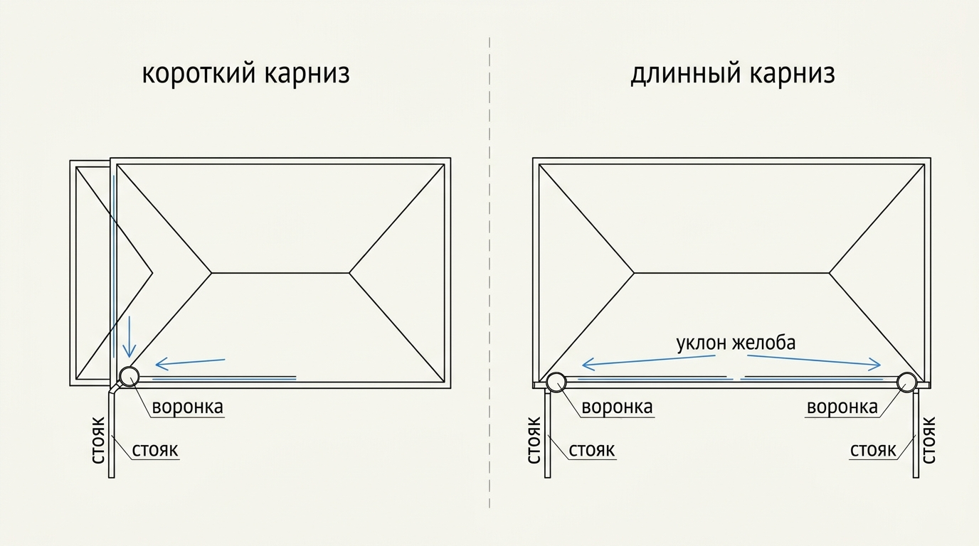 План дома с вариантами размещения воронок и водосточных стояков