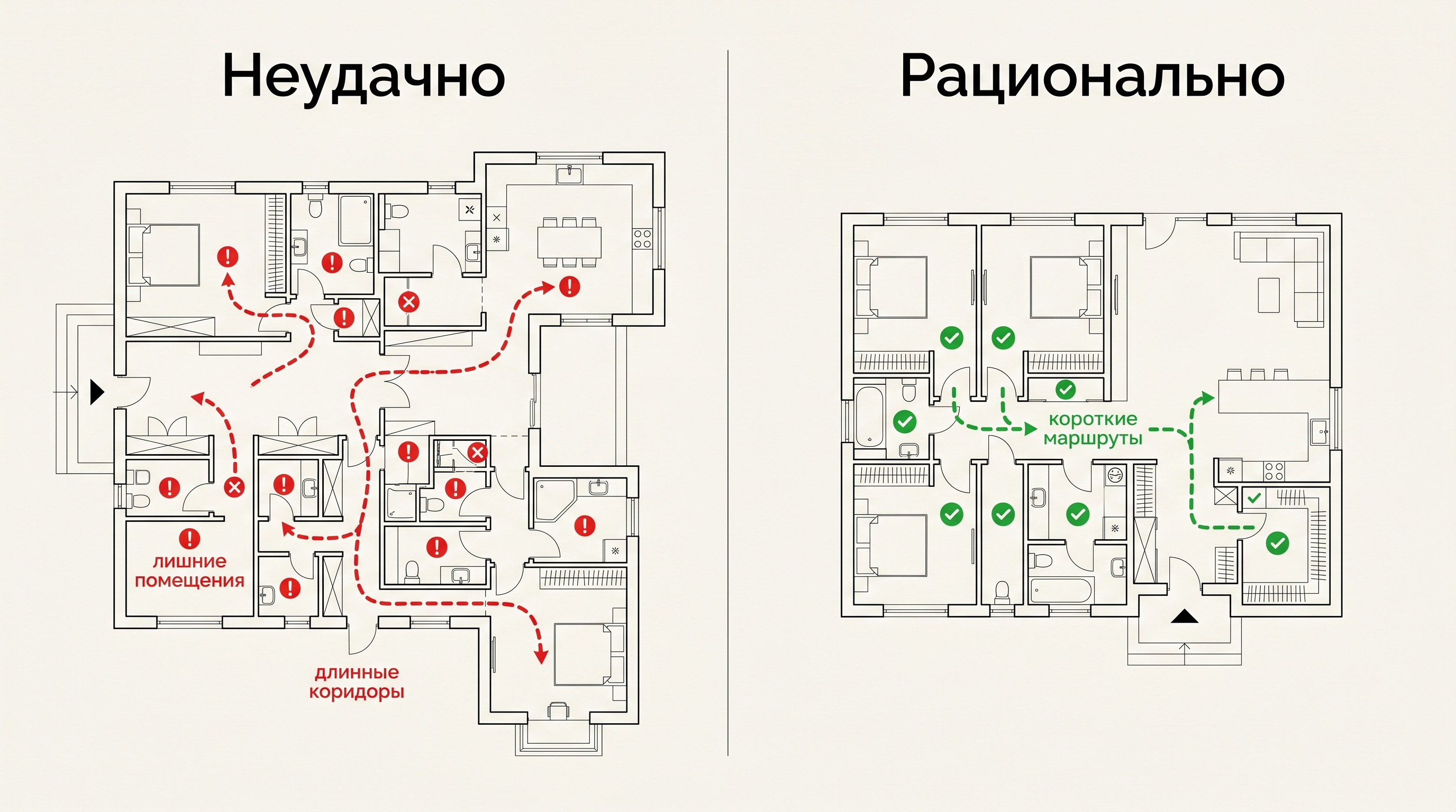 Сравнение неудачной и рациональной планировки частного дома с лишними и полезными метрами