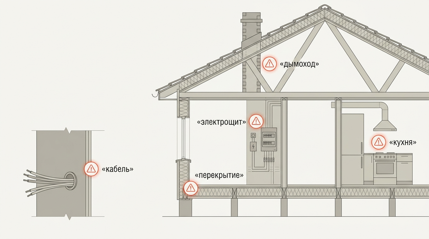 Инфографика с пожароопасными узлами каркасного и СИП-дома