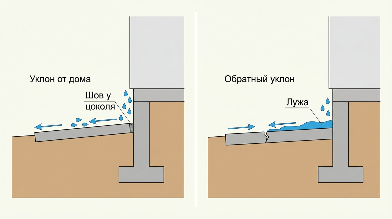 Правильная и дефектная отмостка у фундамента дома