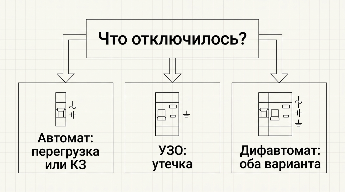 Схема диагностики срабатывания автомата, УЗО и дифавтомата