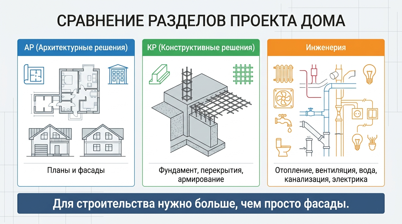 Сравнение разделов проекта дома: архитектура, конструктив и инженерия
