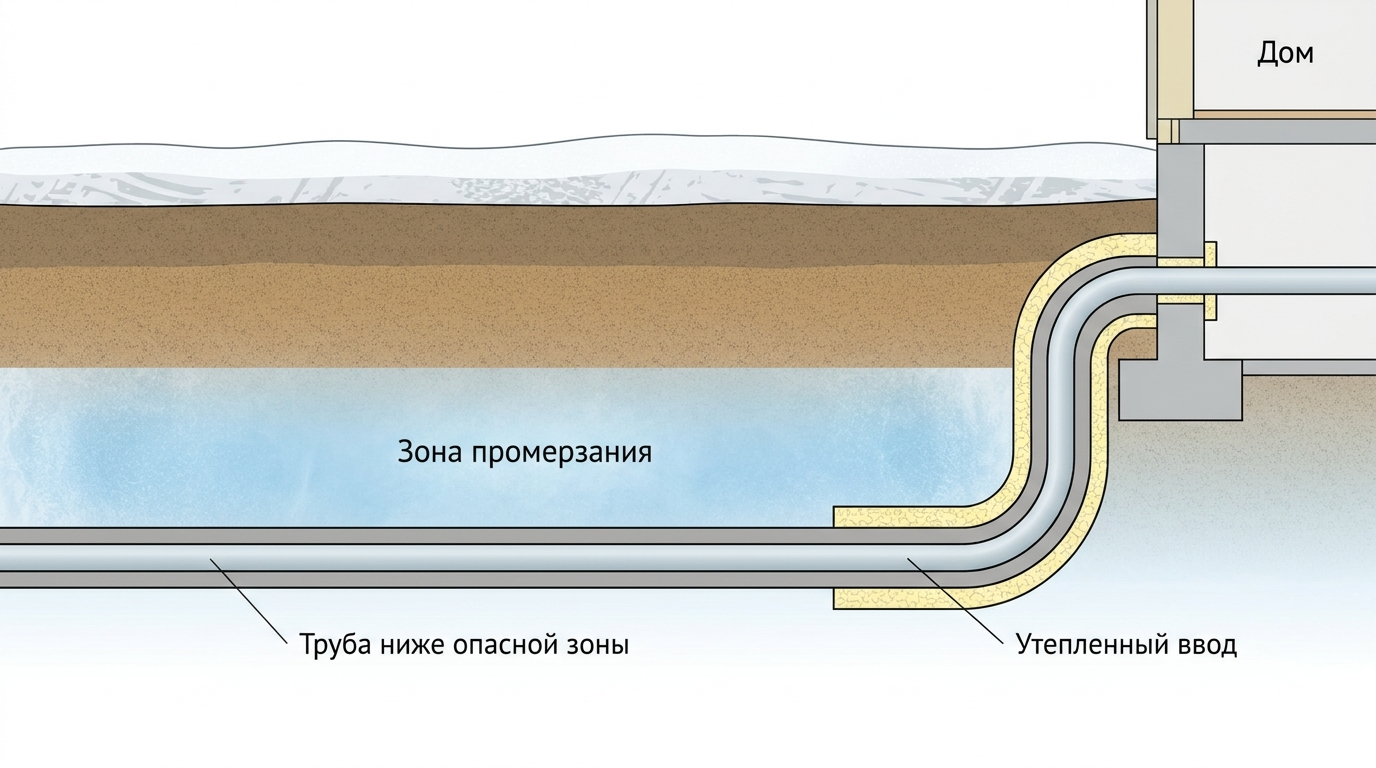 Схема заглубления и утепления наружной трубы водоснабжения в зоне промерзания