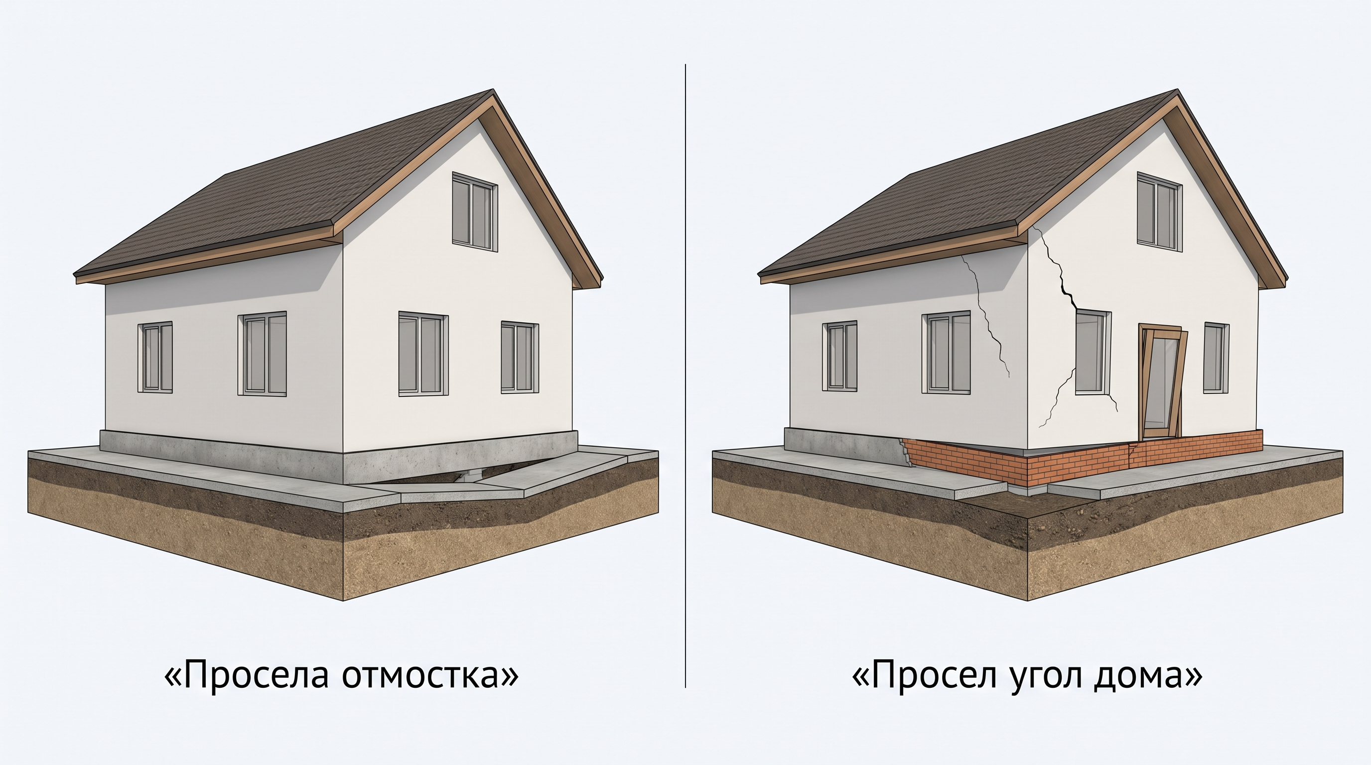 Сравнение просадки отмостки и просадки фундамента дома