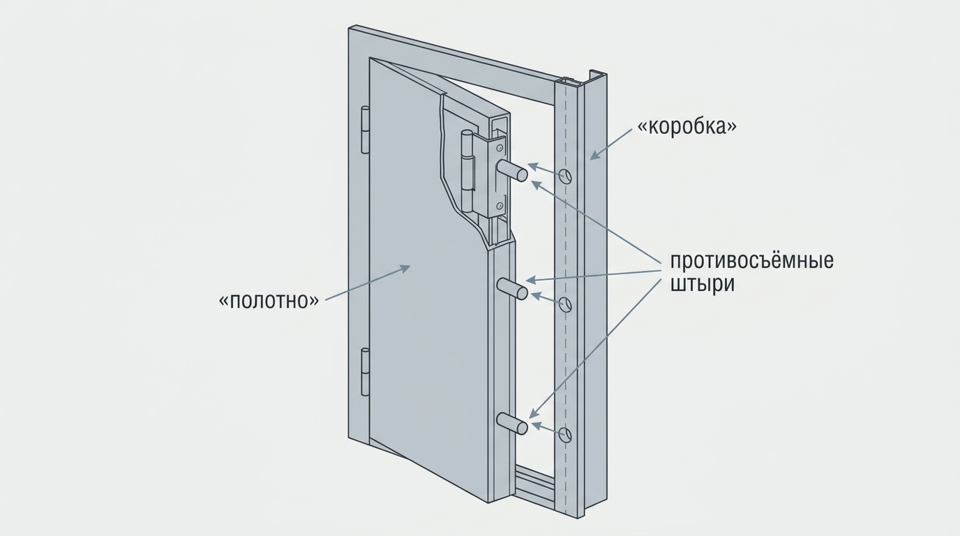 Схема работы противосъемных штырей на петлевой стороне входной двери