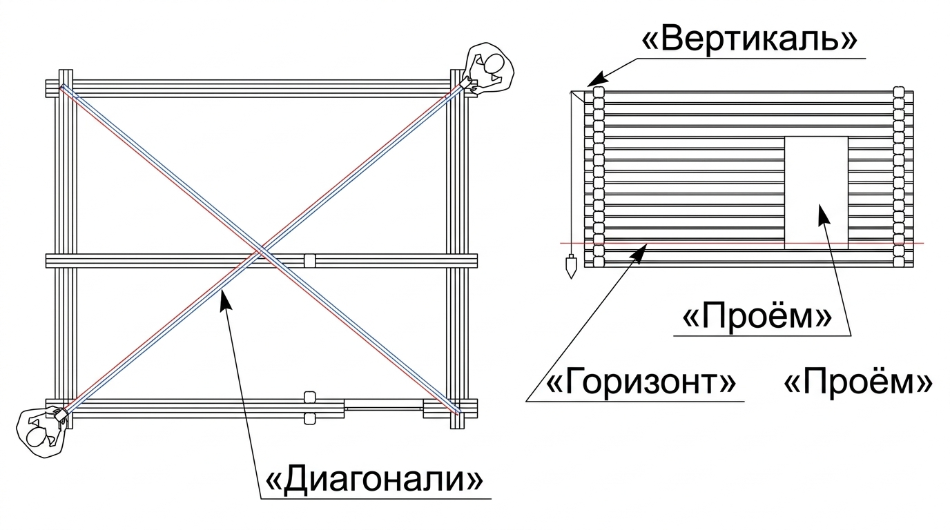 Схема проверки диагоналей и вертикальности сруба
