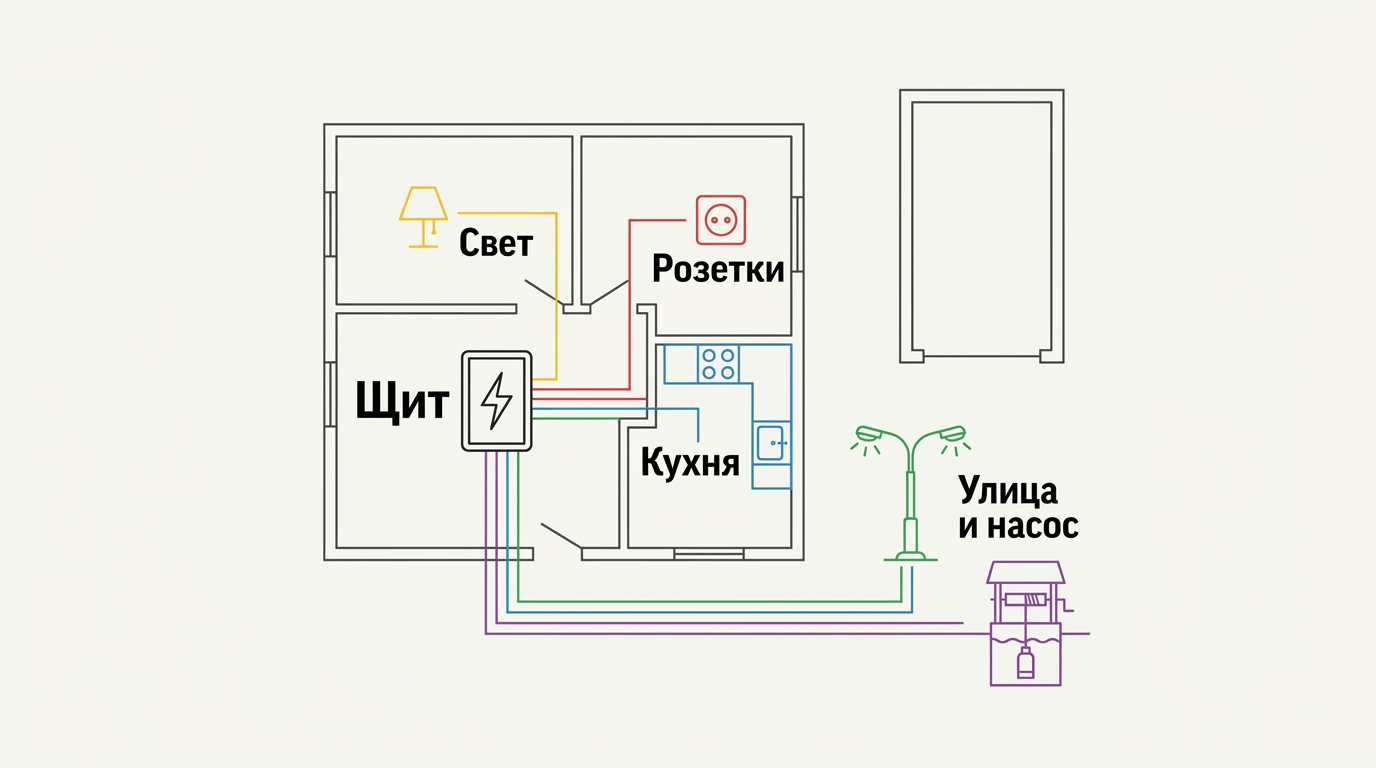 Схема разбиения линий частного дома на освещение, розетки, кухню, улицу и насос