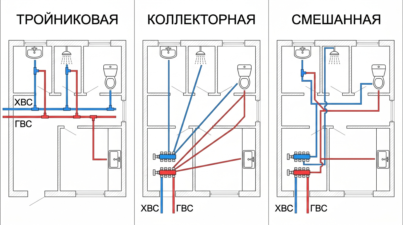 Схема разводки холодной и горячей воды от коллектора к санузлу и кухне