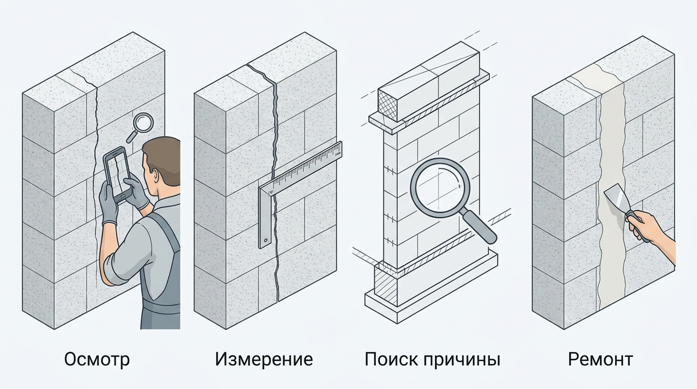 Схема безопасного порядка ремонта трещин в газобетонной стене