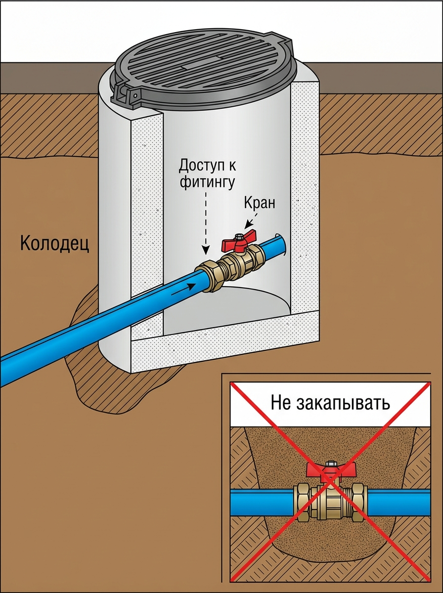Ревизионный колодец с доступным фитингом и запорной арматурой на водопроводе