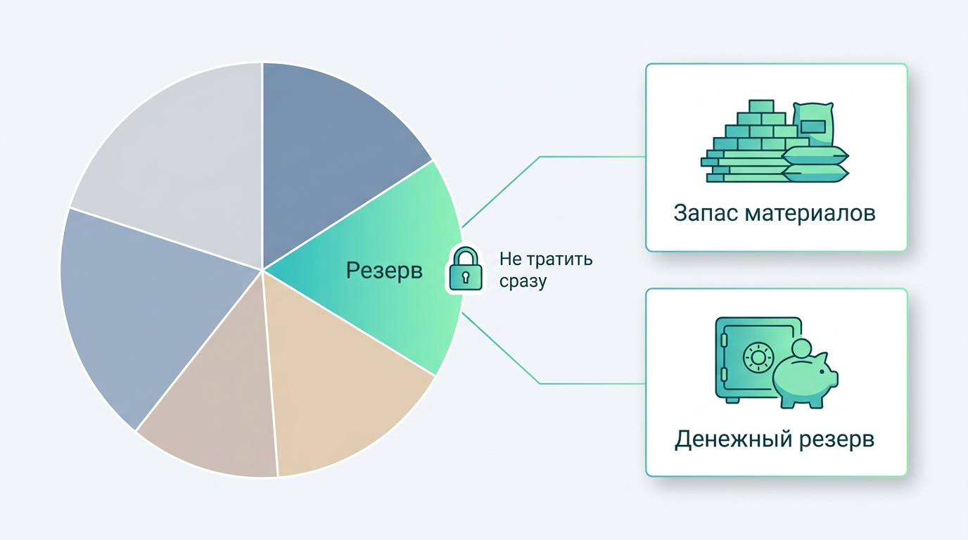 Инфографика о резерве материалов и бюджета при строительстве дома