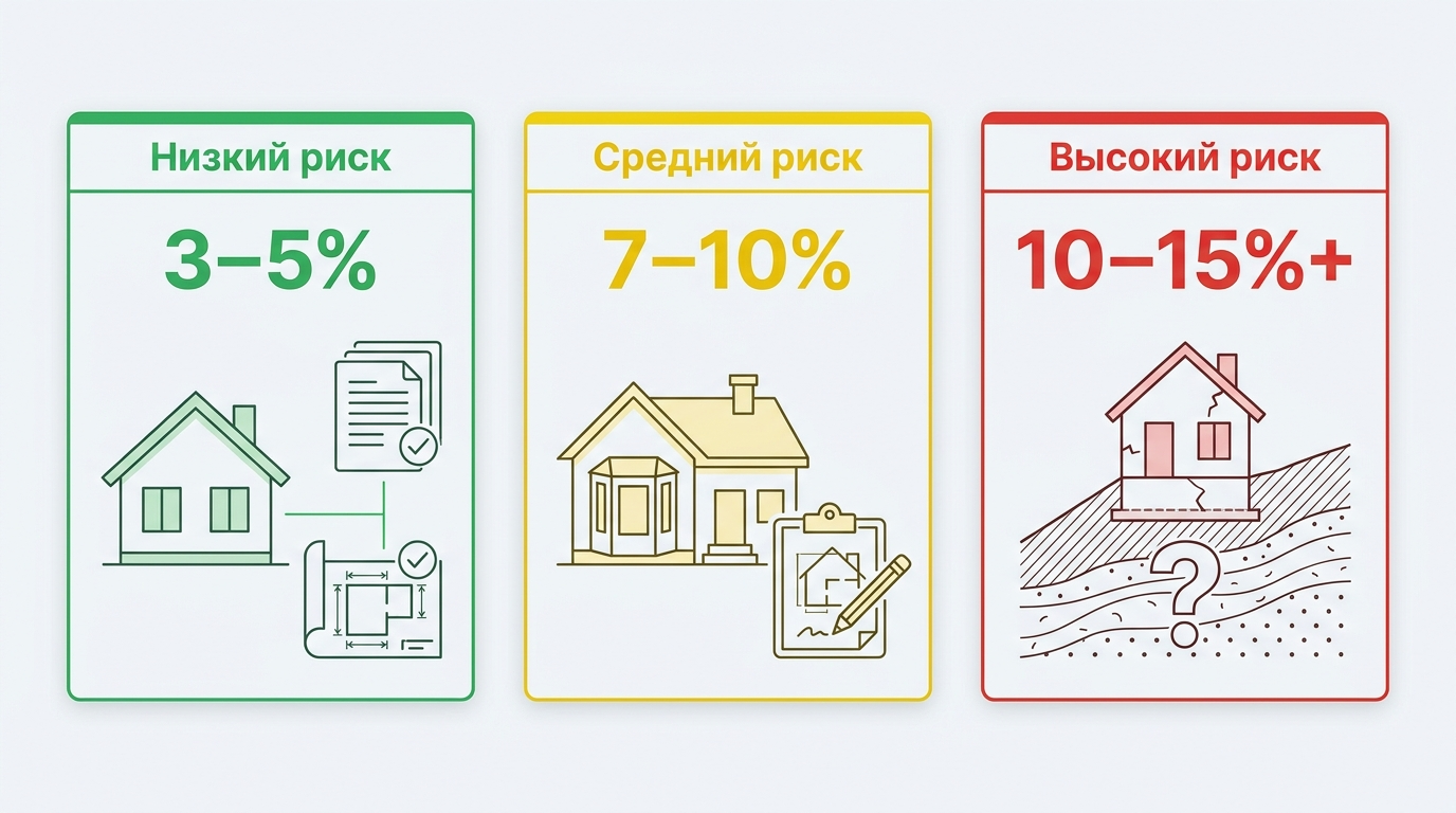 Инфографика о выборе резерва в смете по уровню риска проекта и участка