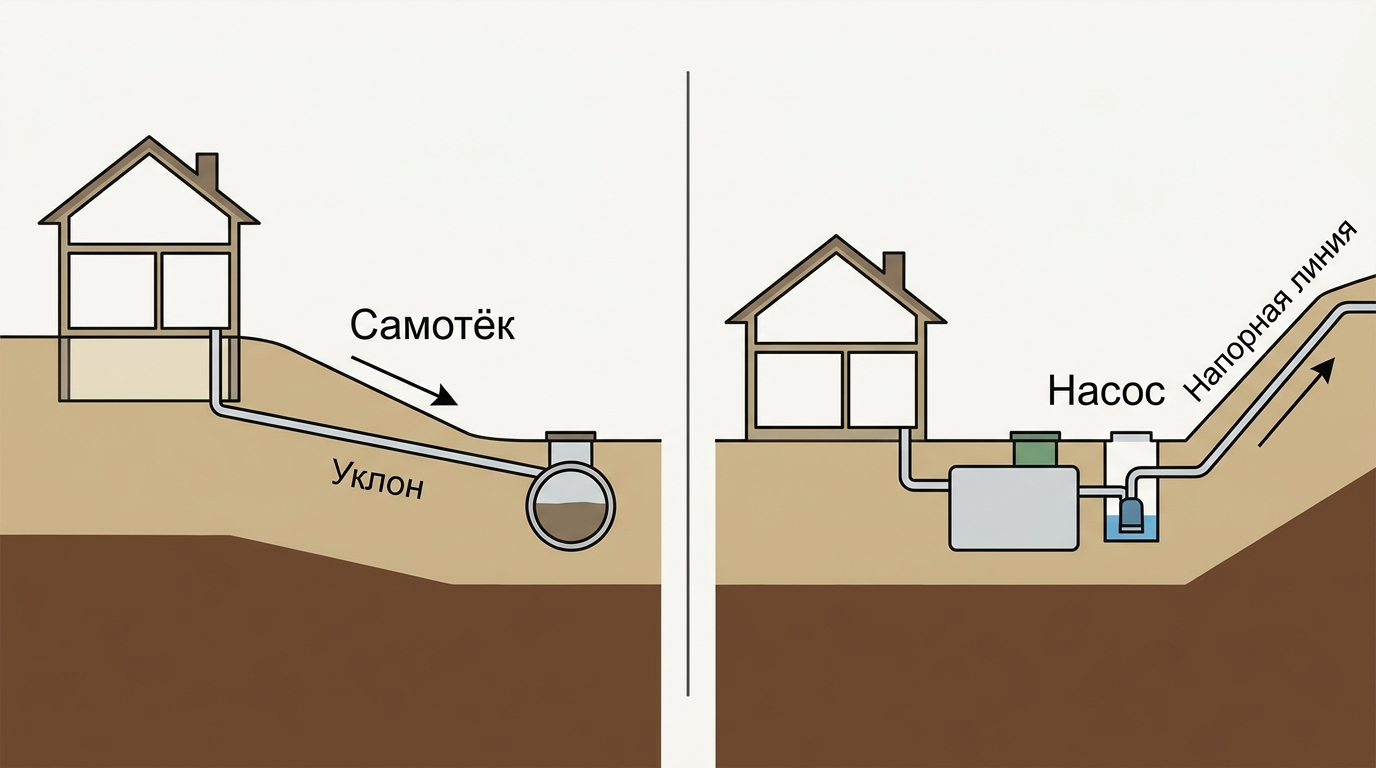 Сравнение самотечной и насосной схемы отвода воды от септика