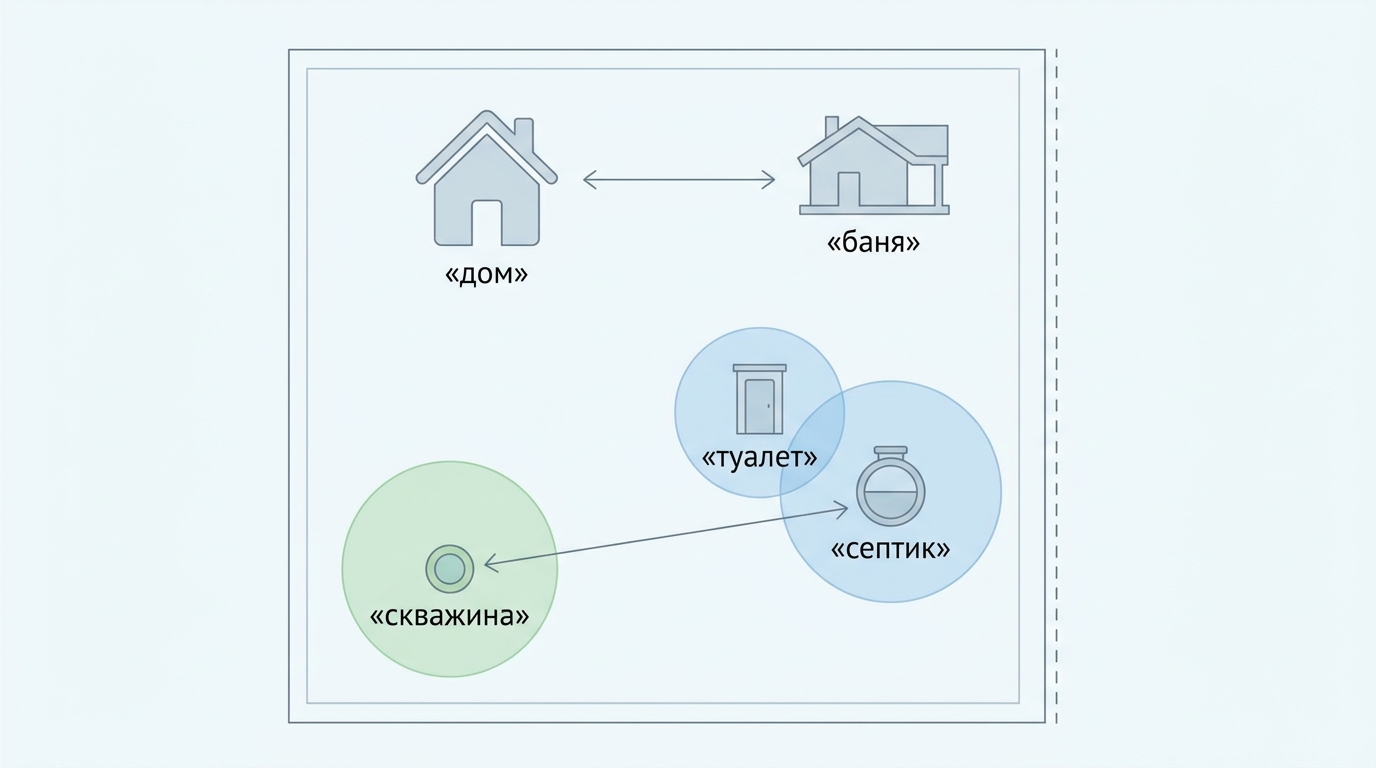 Схема санитарных расстояний между домом, септиком, скважиной, баней и туалетом