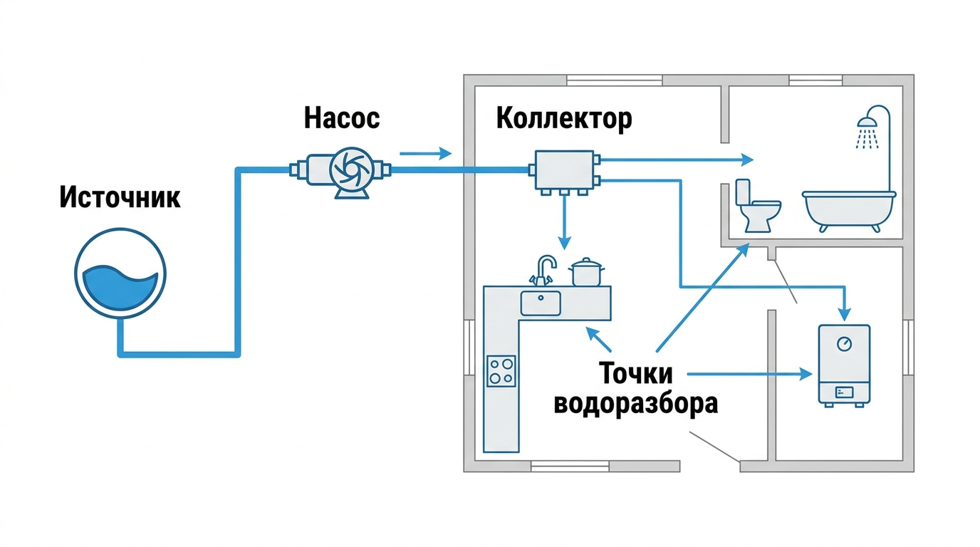 Инфографика минимальной схемы проекта водоснабжения частного дома