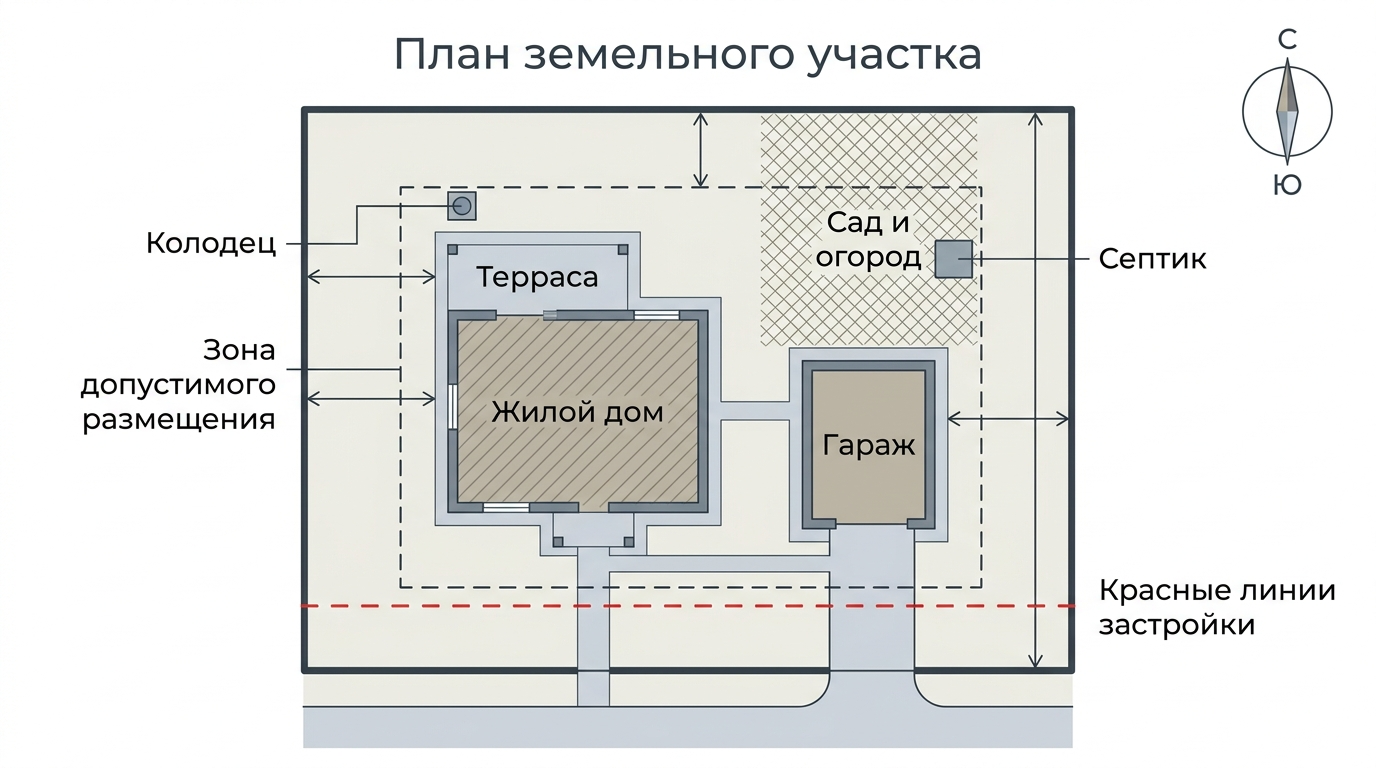 Схема участка с пятном застройки, отступами, сторонами света и инженерными зонами