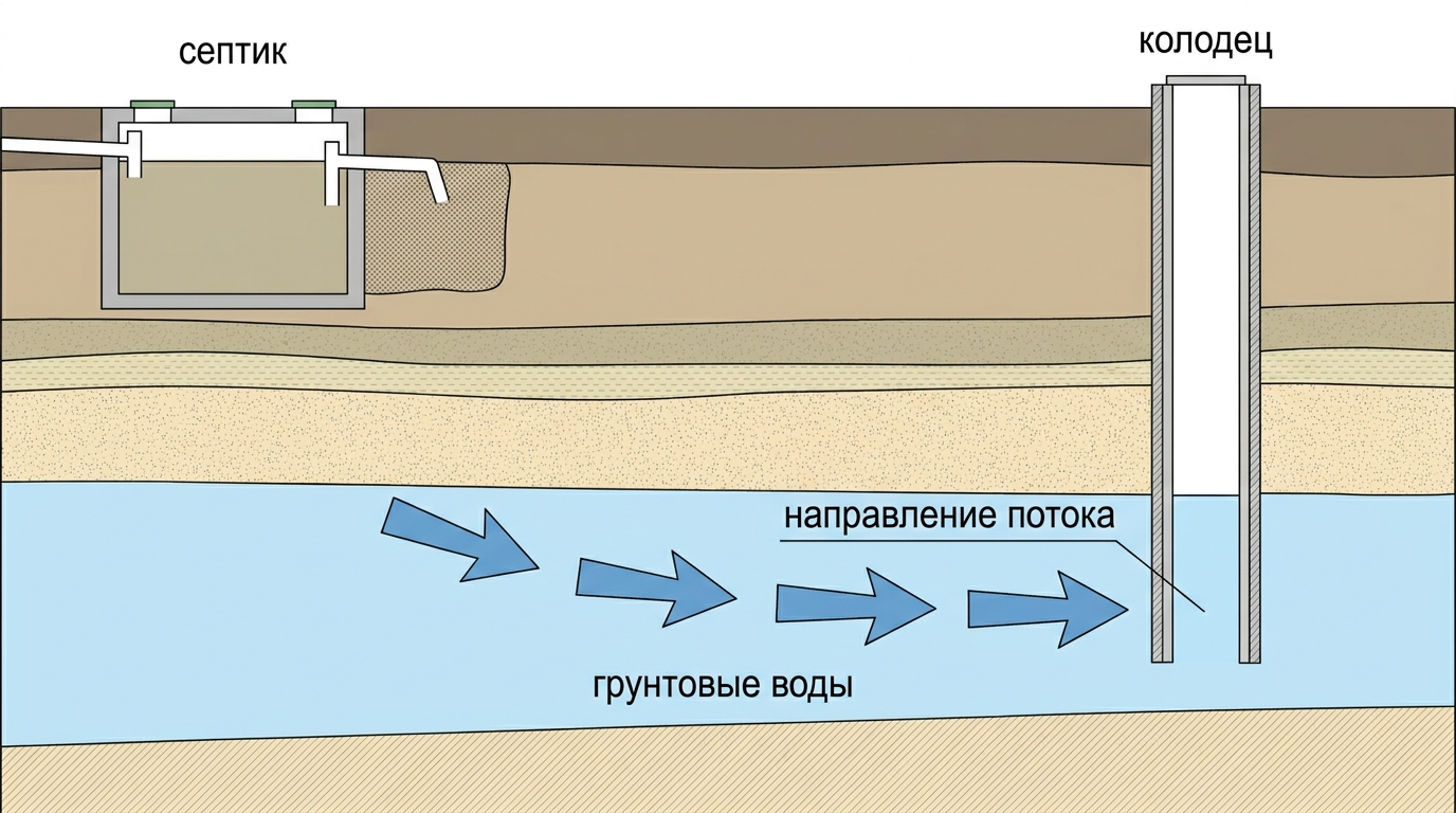 Схема влияния грунтовых вод на расстояние от септика до колодца