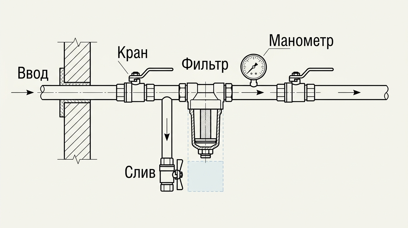 Узел водоснабжения с сервисными кранами, фильтром и сливом для обслуживания