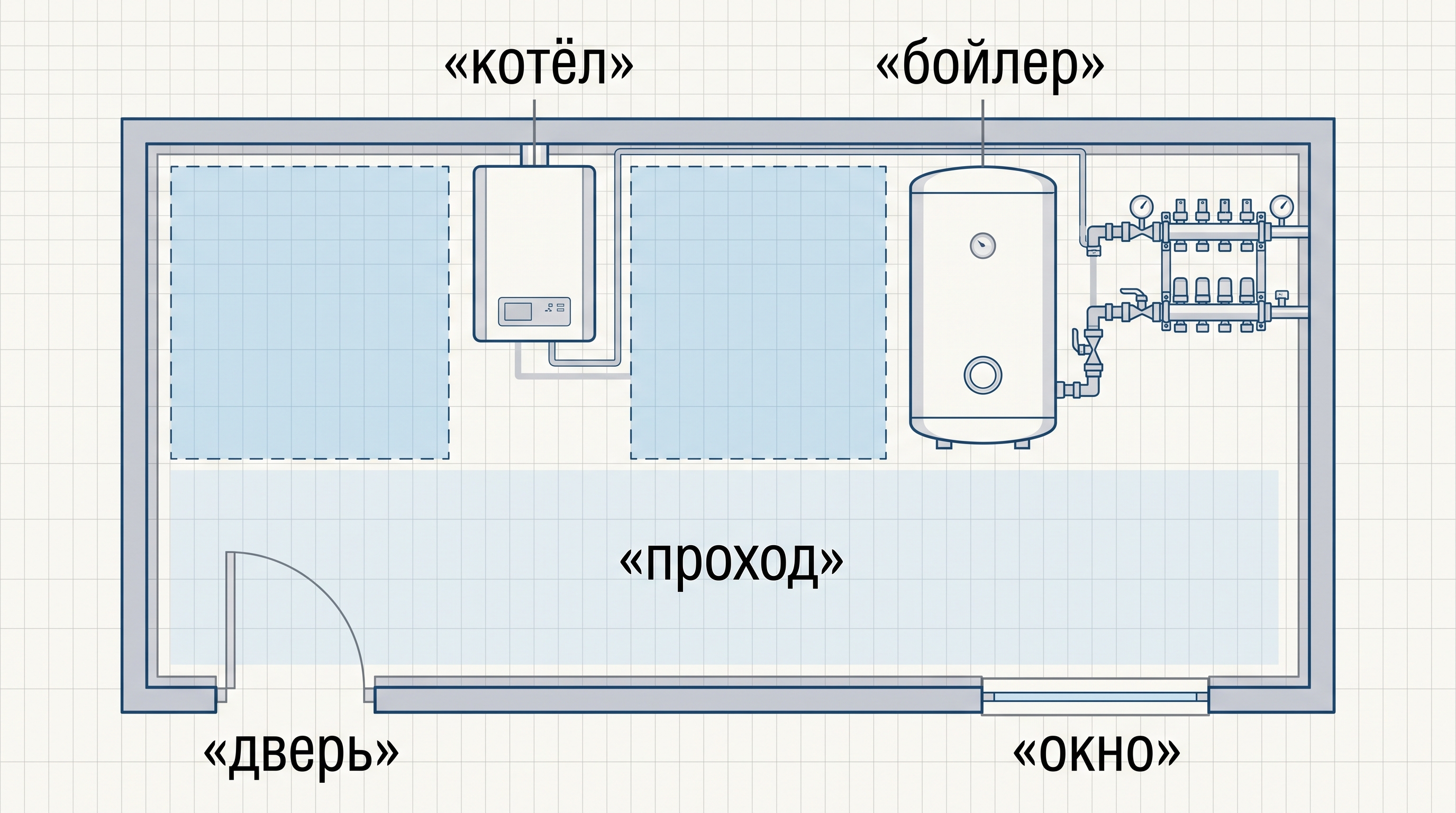 Схема котельной с зонами обслуживания котла, бойлера и проходами