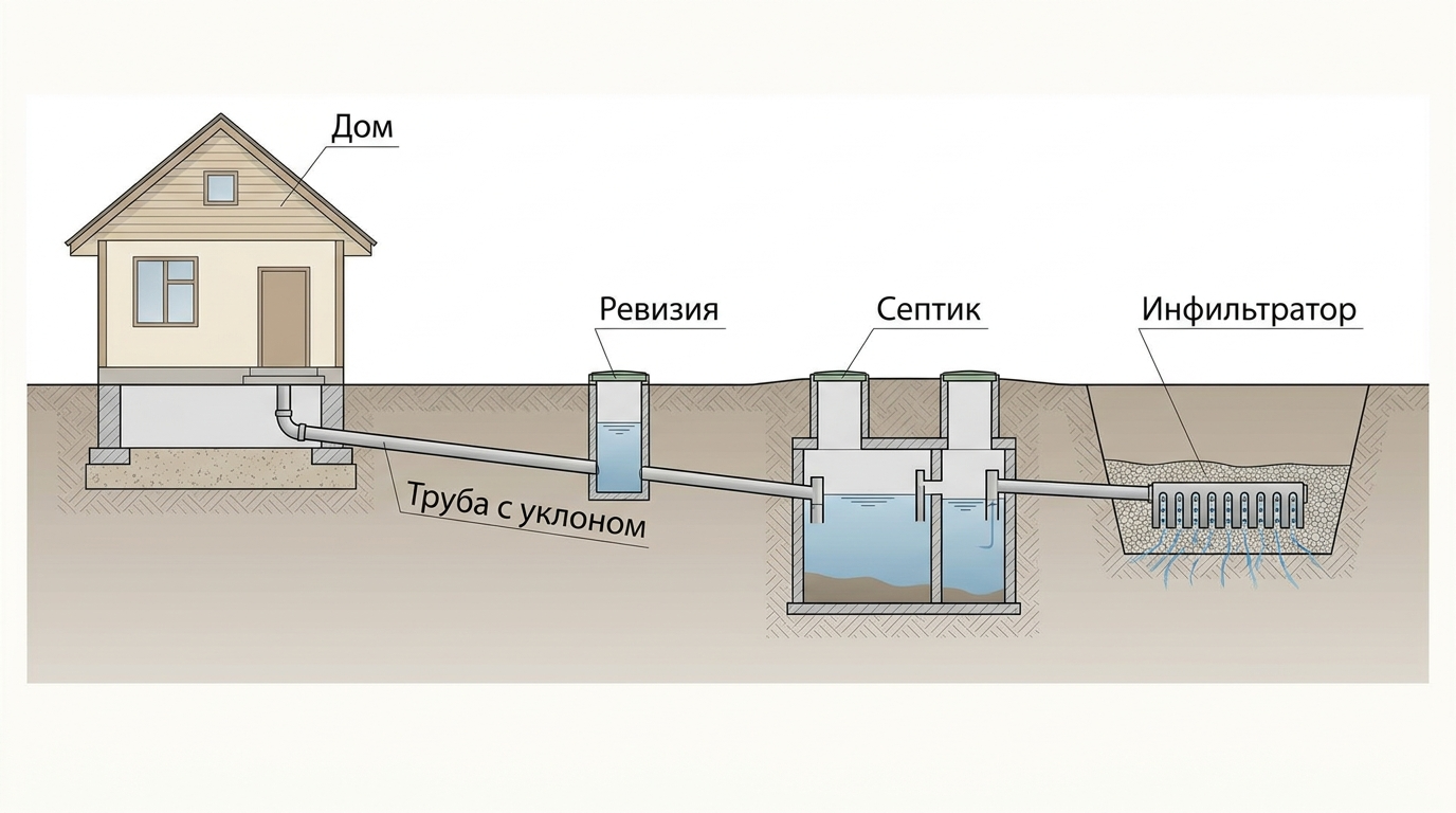 Типовая схема монтажа септика на участке с трубой, ревизией и отводом воды
