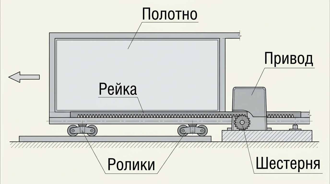 Схема привода, зубчатой рейки и полотна откатных ворот