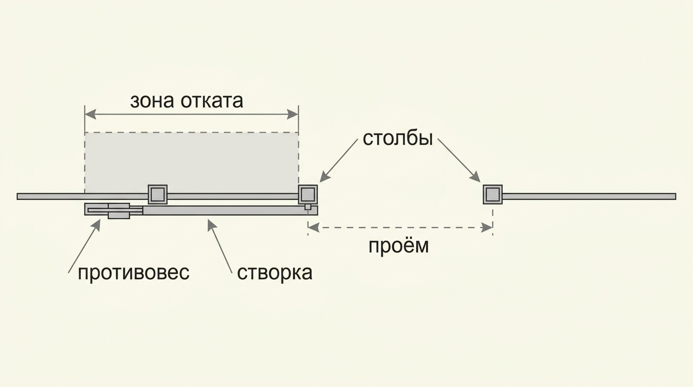 Схема проёма откатных ворот, противовеса и зоны отката