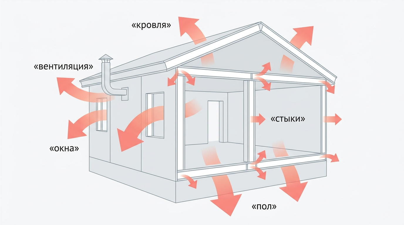 Инфографика основных зон теплопотерь СИП-дома