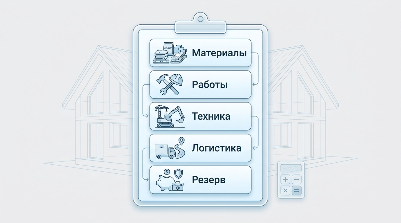 Инфографика структуры сметы: материалы, работы, техника, логистика и резерв