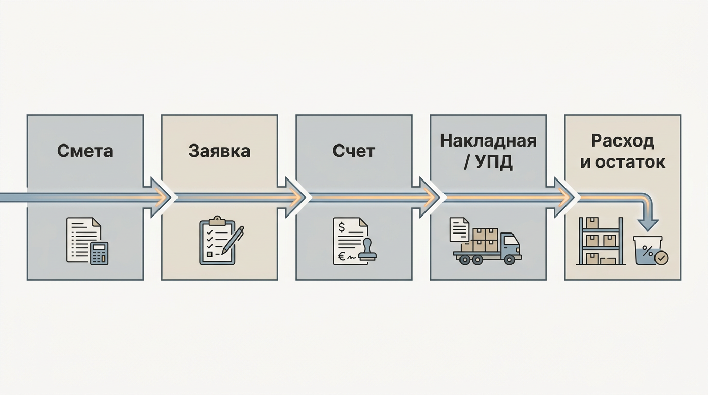 Схема контроля закупки материалов от сметы до фактического расхода