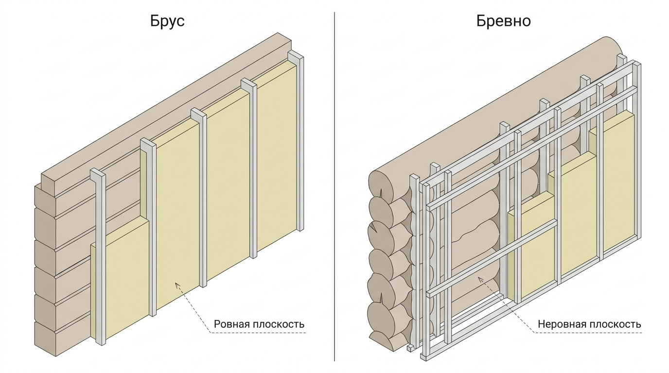 Сравнение утепления стены из бруса и бревна