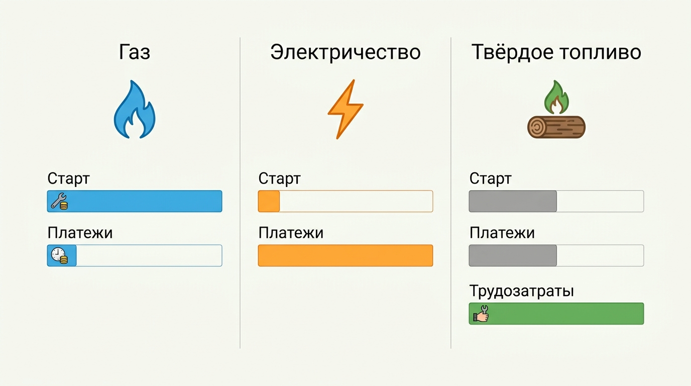 Сравнение бюджетов газового, электрического и твердотопливного отопления