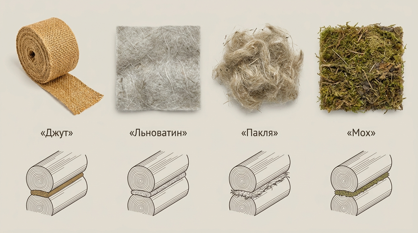 Сравнение джута, льноватина, пакли и мха для межвенцовых швов