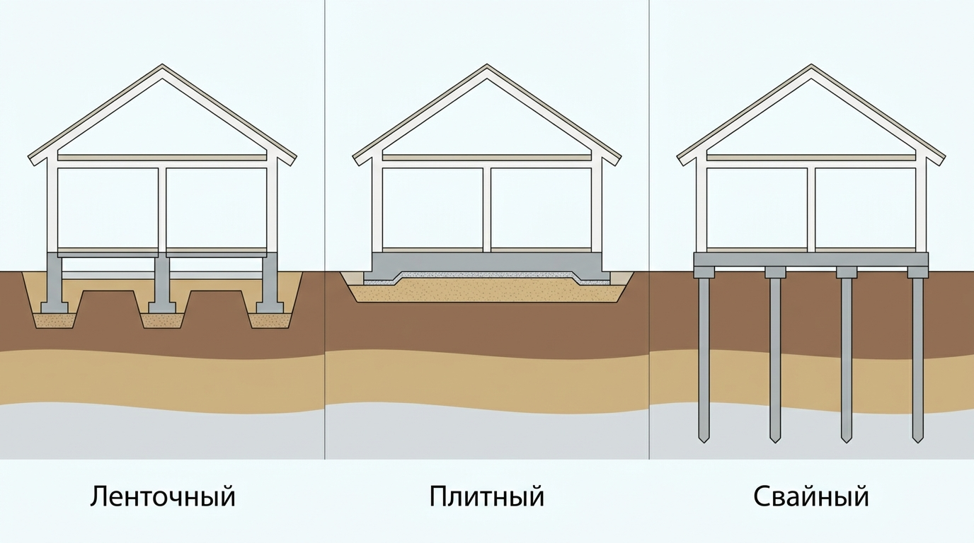 Схематичное сравнение ленточного плитного и свайного фундамента