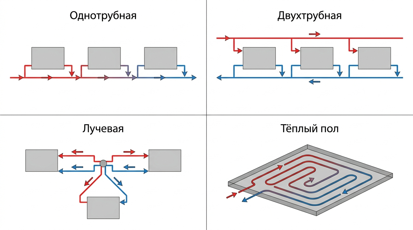 Сравнение однотрубной, двухтрубной, лучевой схемы и тёплого пола