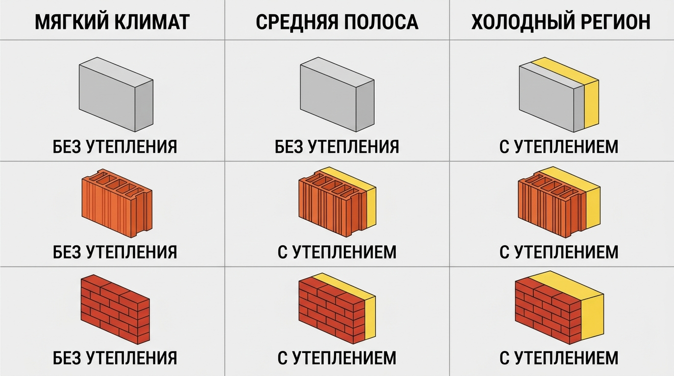 Инфографика с ориентировочными схемами стен из газобетона, керамоблока и кирпича для разных климатических регионов