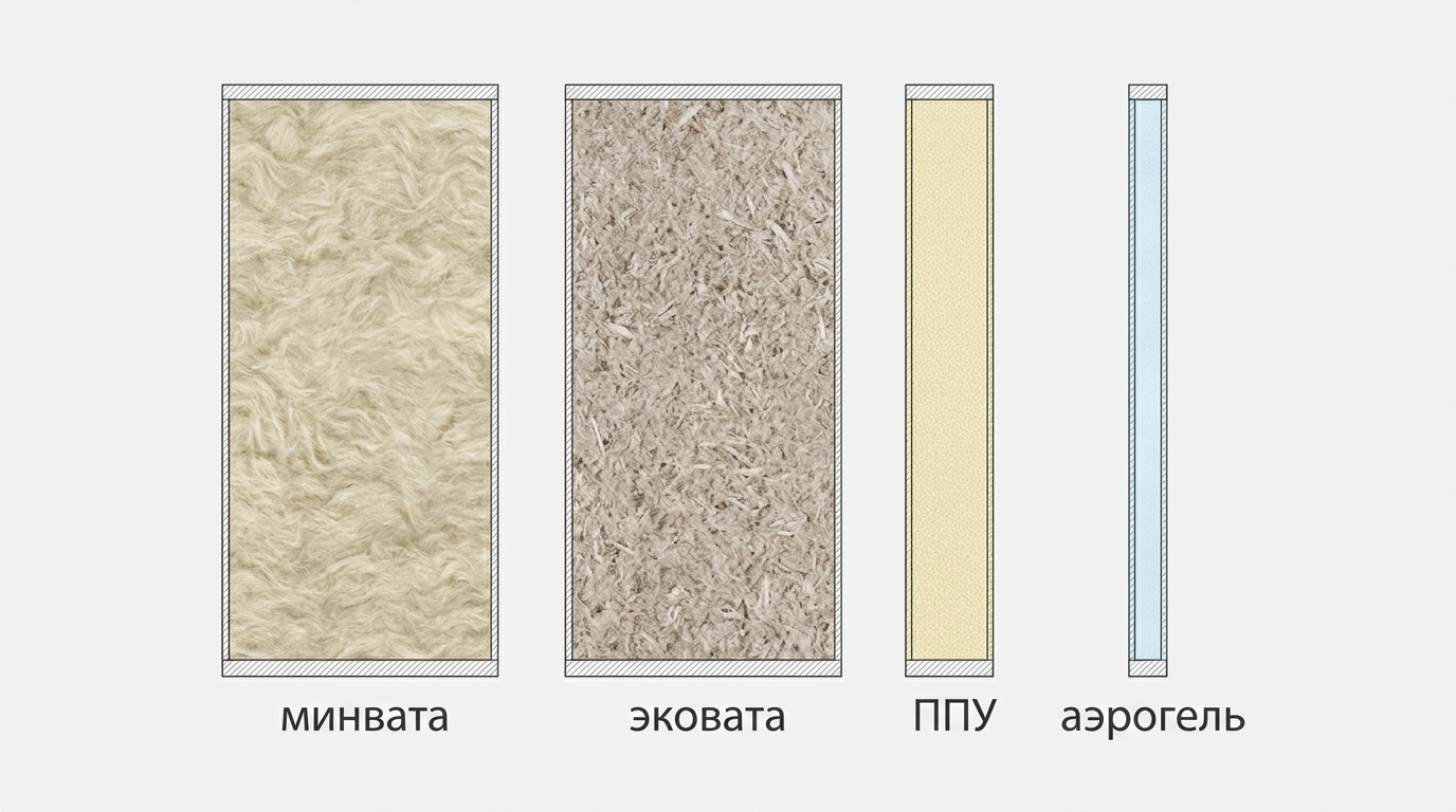 Инфографика сравнения теплопроводности эковаты, ППУ, аэрогеля и минеральной ваты