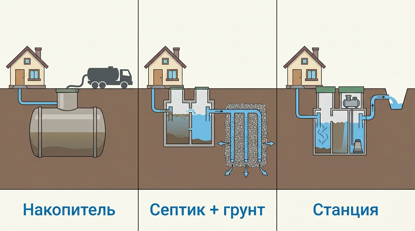 Сравнение накопительной ёмкости, переливного септика и станции биологической очистки