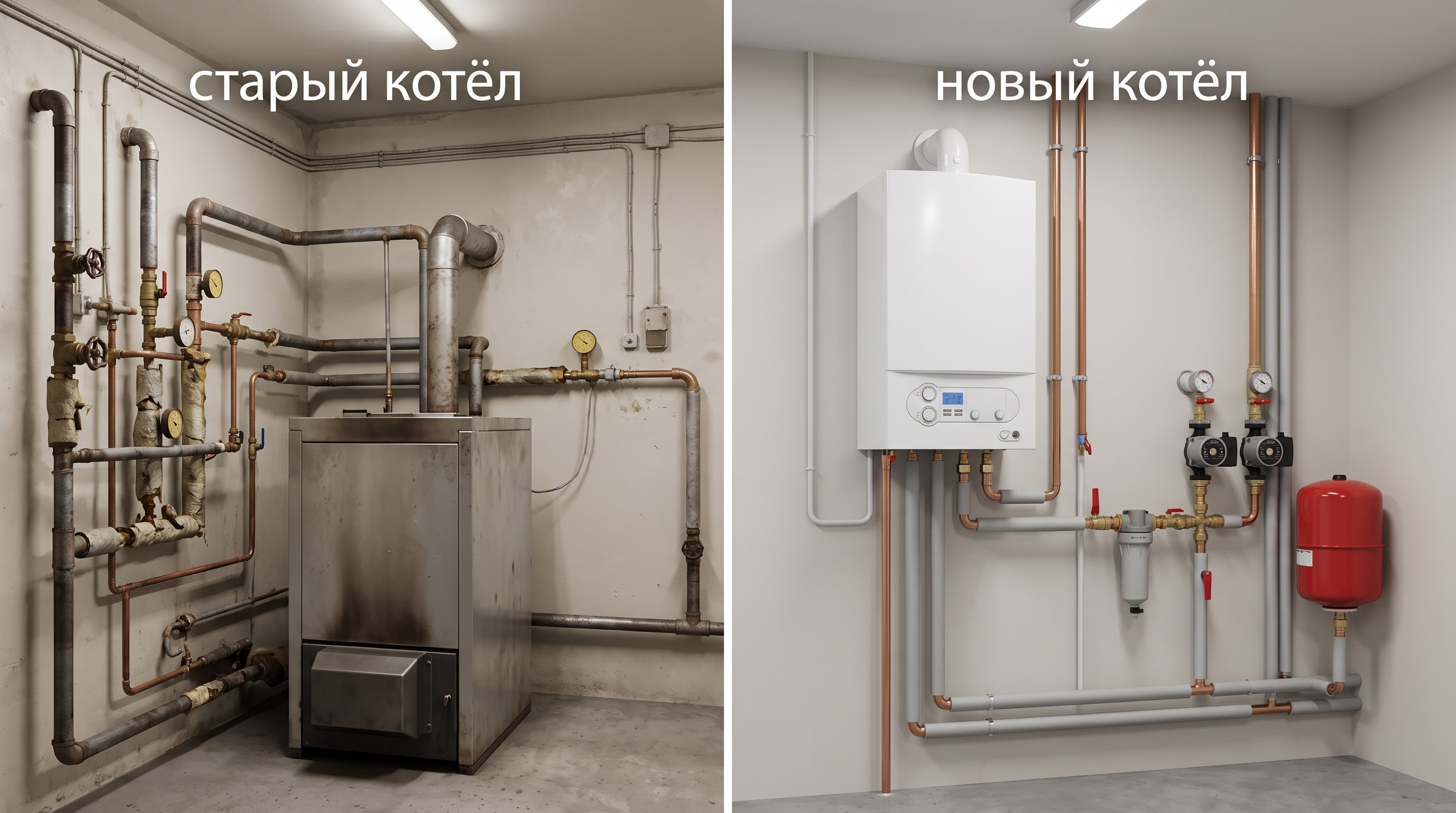 Сравнение старого напольного котла и современного настенного котла в частном доме