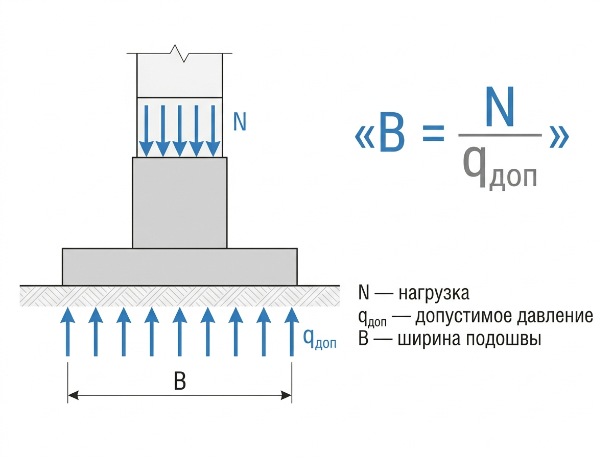 Формула подбора ширины ленточного фундамента B = N / qдоп с пояснением единиц