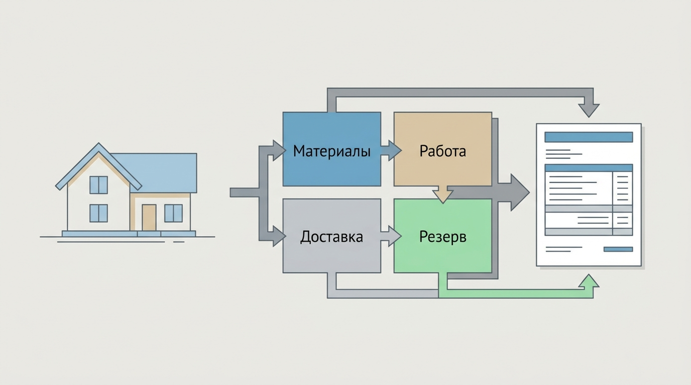 Диаграмма структуры сметы на строительство дома с материалами, работами и логистикой