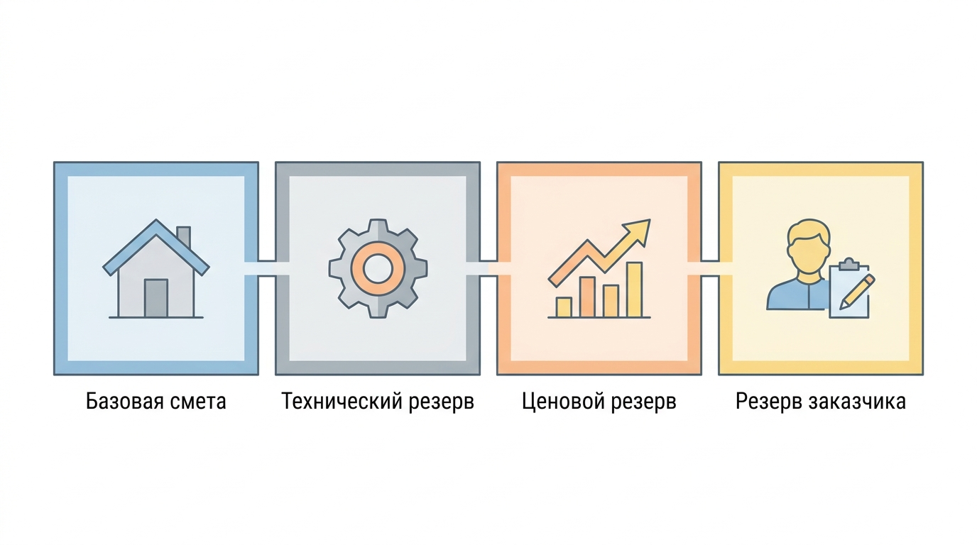 Схема структуры сметы частного дома с базовой сметой и резервами