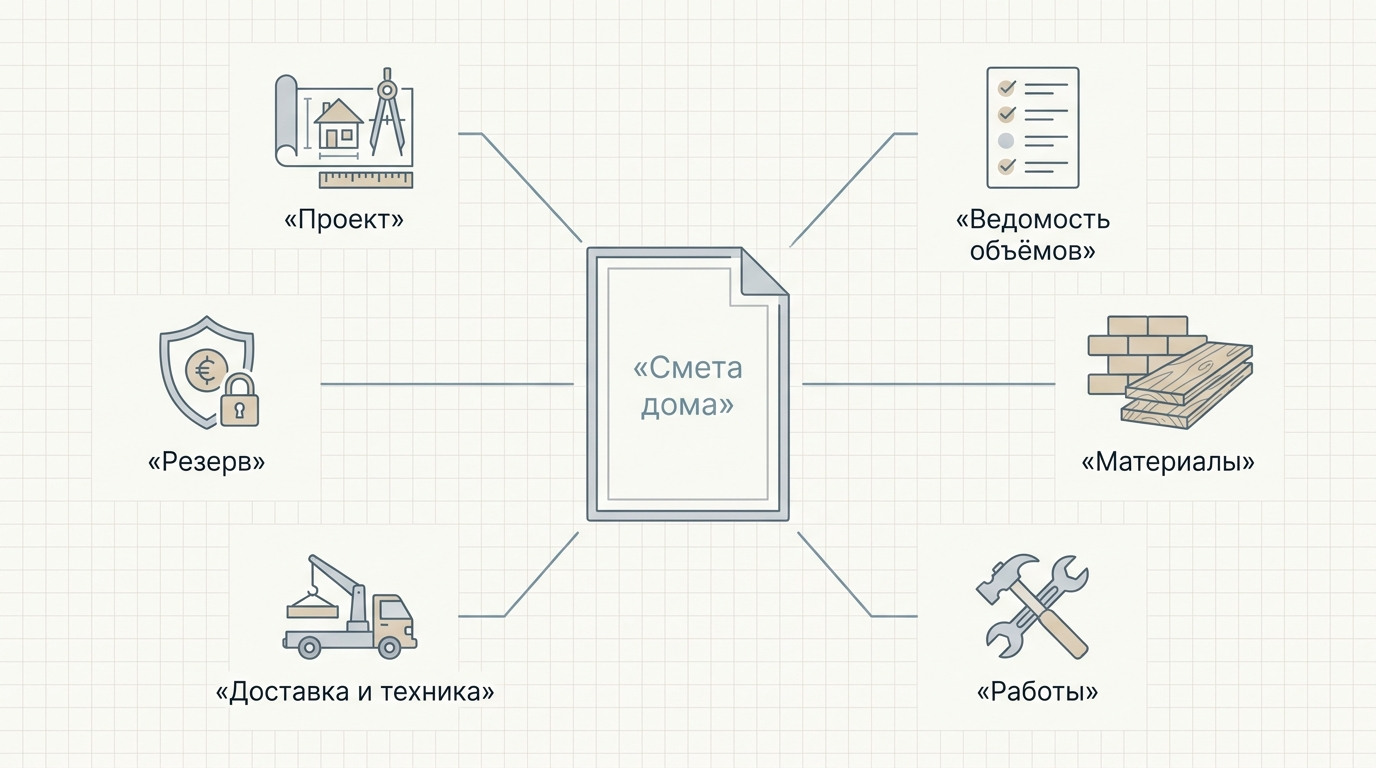 Схема структуры сметы на строительство частного дома при самострое и подряде