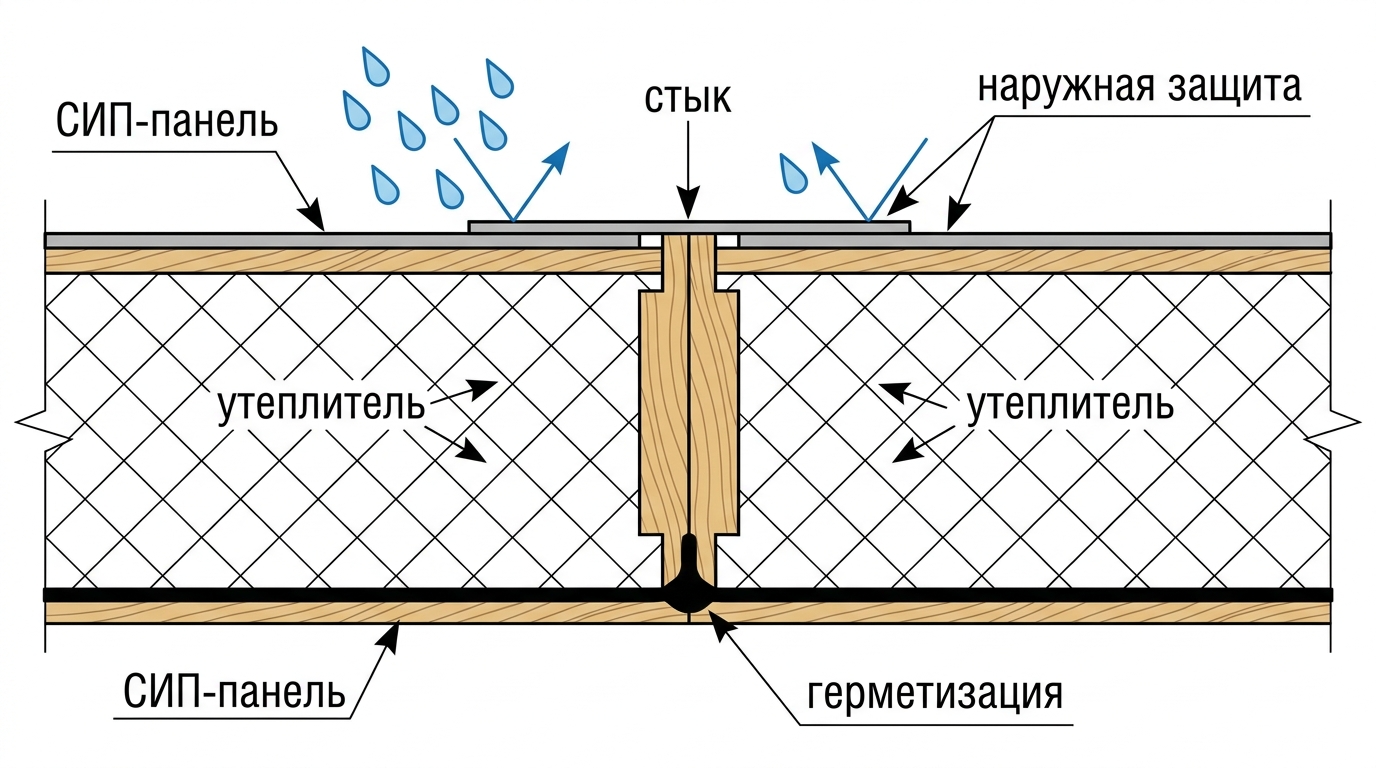 Схема стыка СИП-панелей с зонами герметизации и защиты от влаги