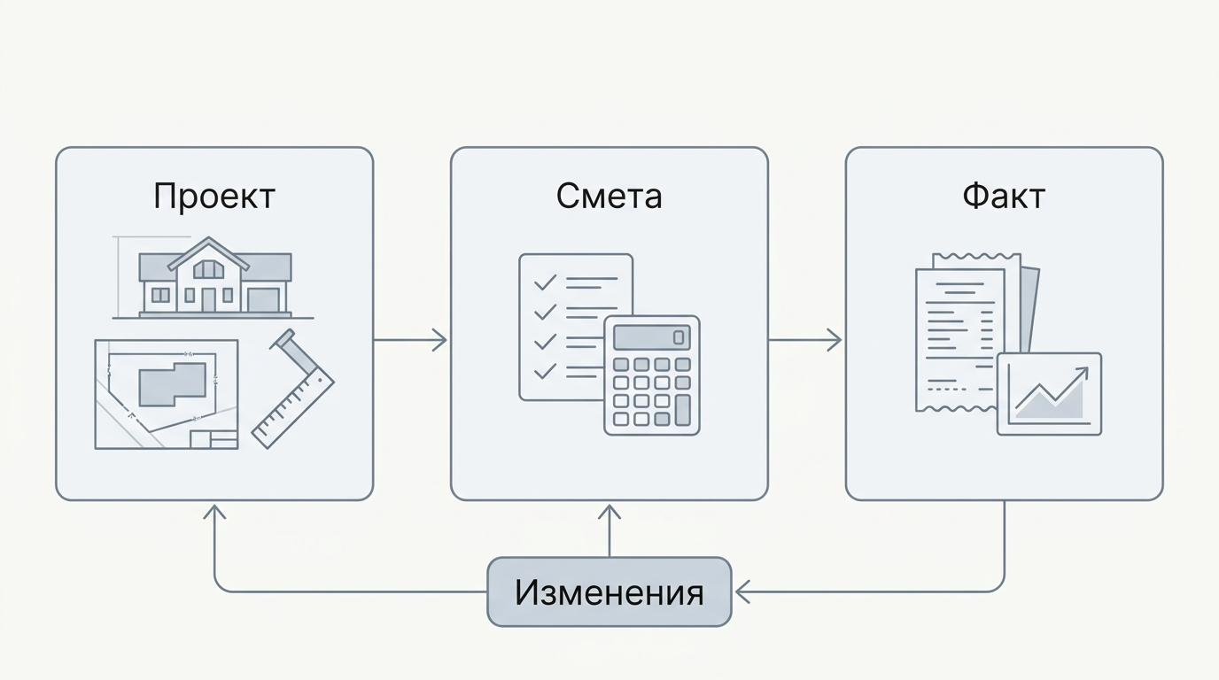 Схема связи проекта дома, сметы и фактических расходов